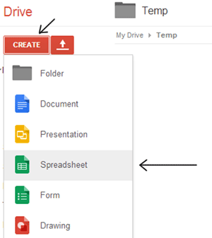 Google Drive Create Spreadsheet